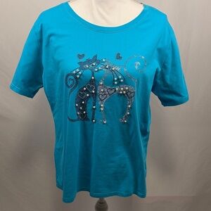 Turquoise Tee with Rhinestone Cat Design Size XL